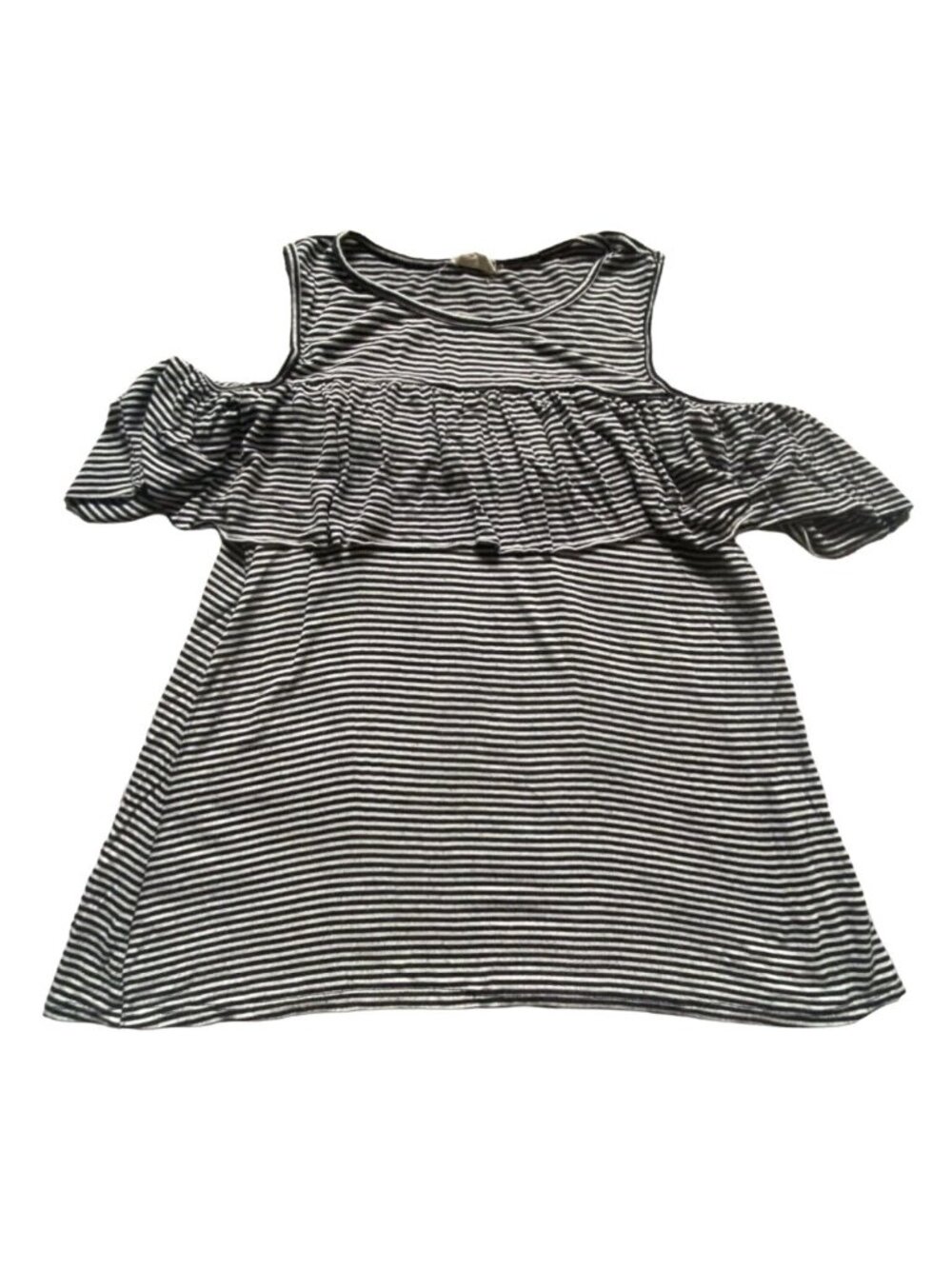 Caution To The Wind Cold Shoulder Ruffle Top Striped Short Sleeve-B/W-GUC